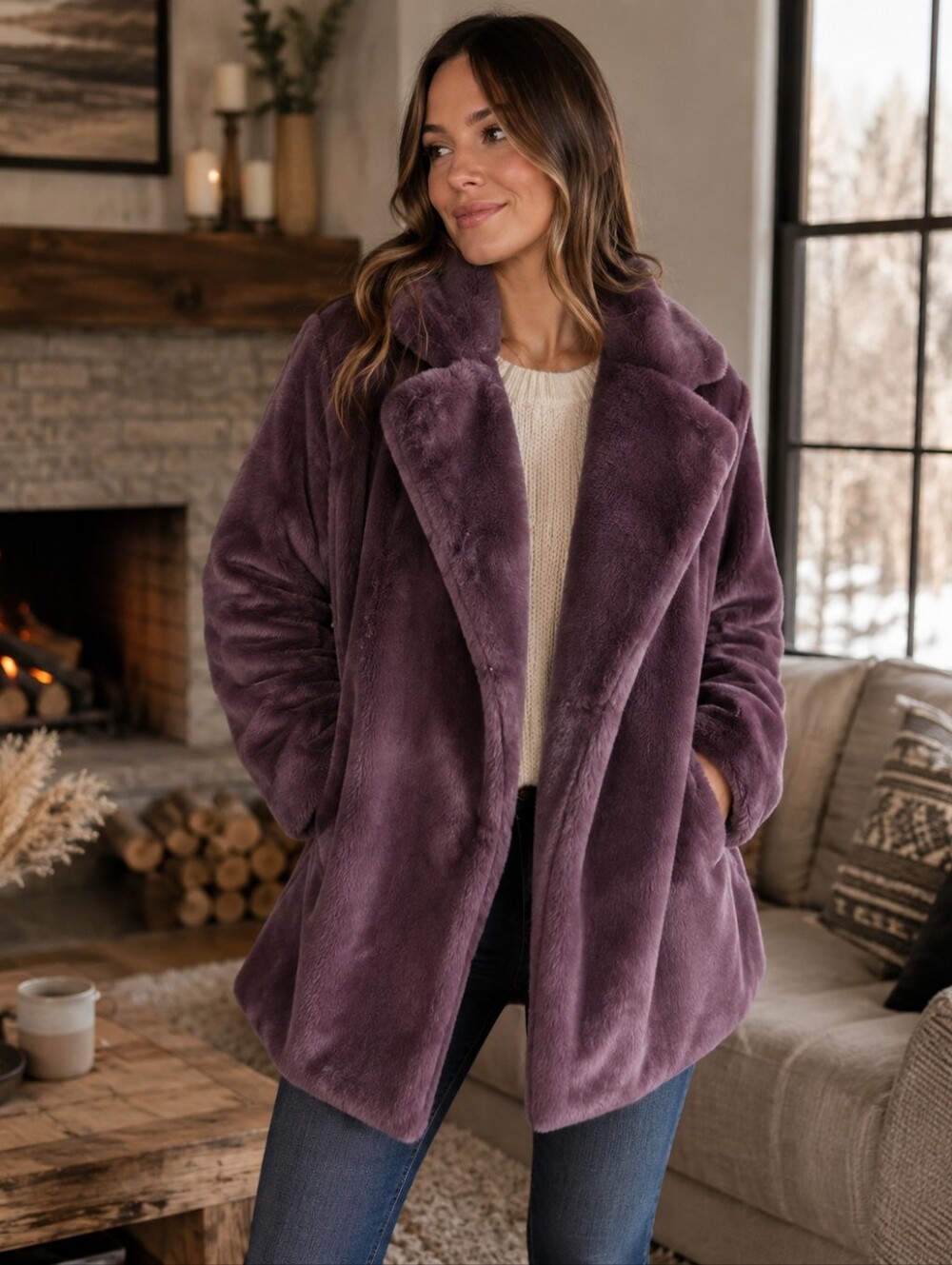 Love Tree Plush Faux Fur Coat M Muted Purple Mauve Cozy Teddy Jacket NWOT